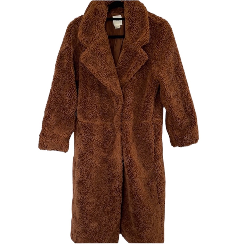 H & M long brown cozy long sherpa winter fall cold weather teddy topcoat XS